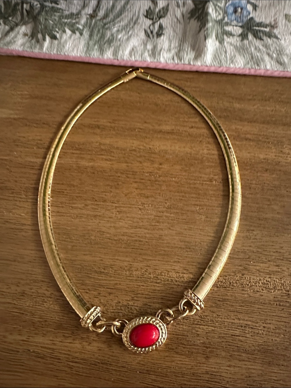 Gold-Tone Necklace with Red Stone Pendant - Women Jewelry Vintage
